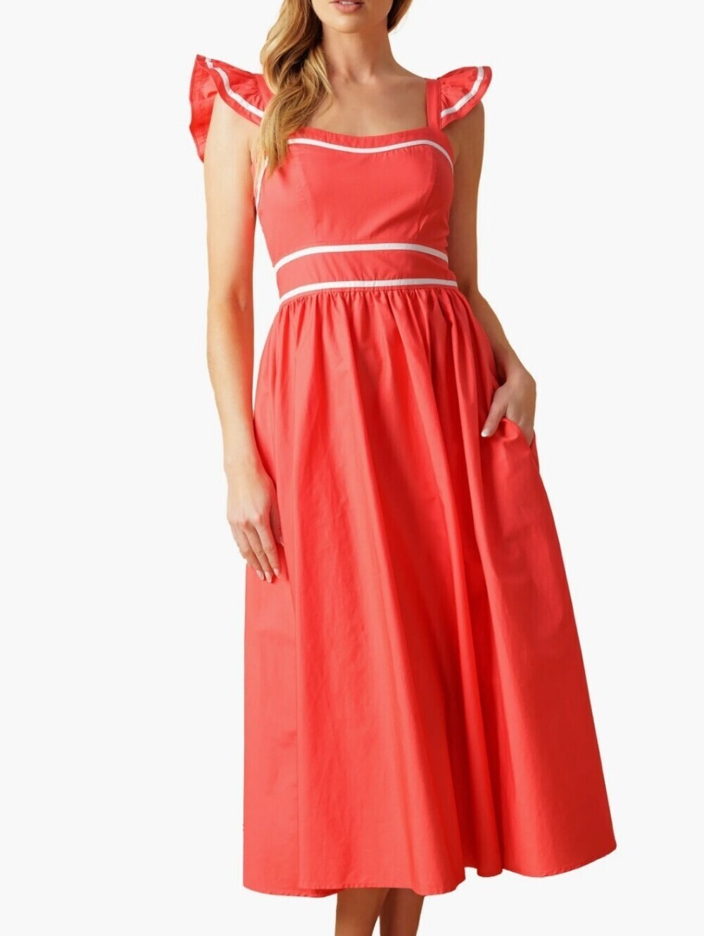 Flying Tomato Red Dana Midi Dress White Trim Flutter Straps Sz L Picnic Casual